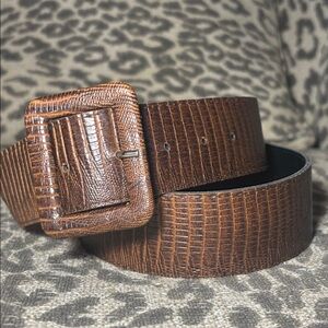 Vintage Astor Brown Textured Belt with Square Buckle reptile snake skin classic